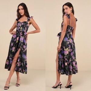 Lulu's Black and Purple Floral Midi Dress